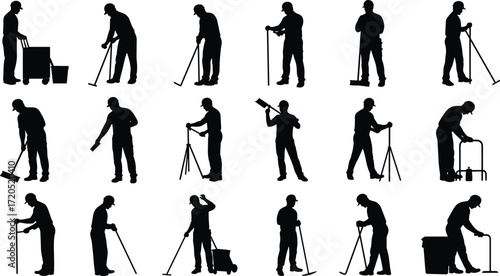 Silhouette of workers cleaning, using tools, mopping floors, construction maintenance, teamwork labor, repair staff, industrial jobs, occupational safety, building service tasks
