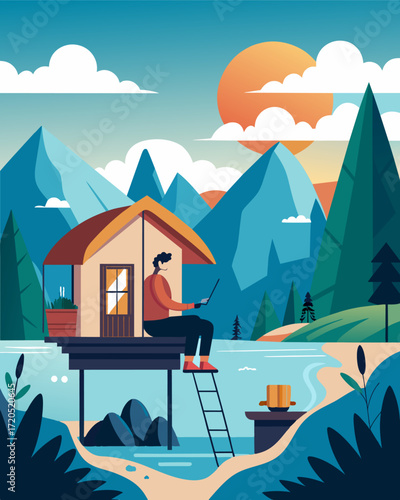A travel blogger eagerly documents their stay in a unique raft house marveling at the stunning views and peaceful atmosphere as they create content for their followers.. Vector illustration