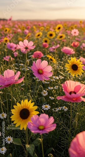 A vibrant field of pink cosmos and yellow sunflowers, showcasing a beautiful display of summer blossoms.