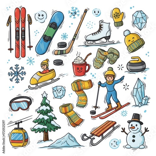 Festive winter sports and holiday doodles portraying seasonal activities