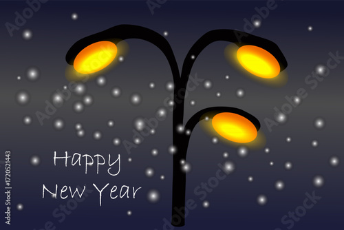 The street lamp turns on in the evening, the stars shine, the snow falls