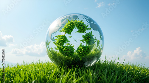 A transparent globe with a recycling symbol on green grass epitomizes the ideas of sustainability and respect for nature. for presentations on environmental initiatives,