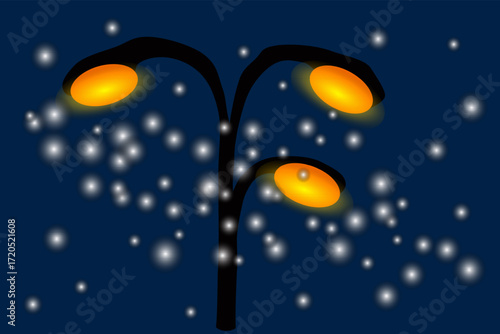 The street lamp turns on in the evening, the stars shine, the snow falls