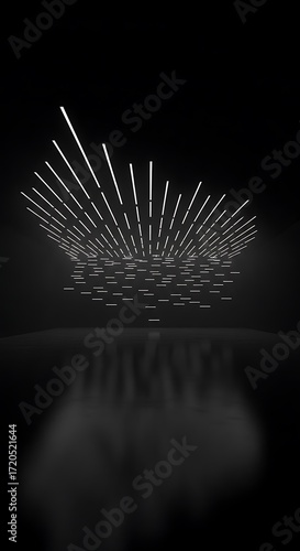 A striking, minimalist composition featuring radiating lines of light against a deep black background.