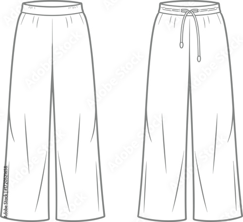 Vector fashion flat sketch of wide leg pants with elastic waistband and drawstring, casual unisex clothing design, technical illustration templateVector 