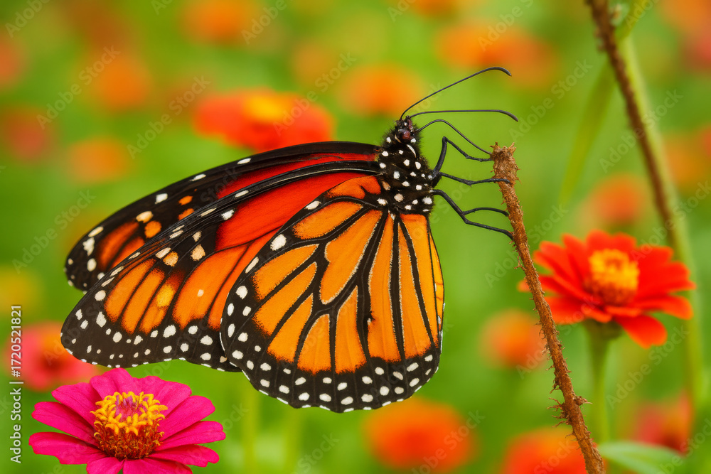 Fototapeta premium AI-Generated image of a monarch butterfly perched delicately on a thin twig.