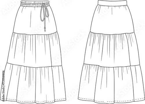 Vector flat fashion sketch of tiered long skirt with elastic waistband and drawstring, casual women clothing garment design template illustration