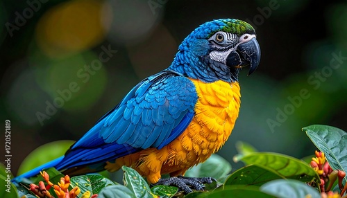 A vibrant, medium shot of a colorful parrot perched on a leafy branch. The parrot has blue and yellow plumage