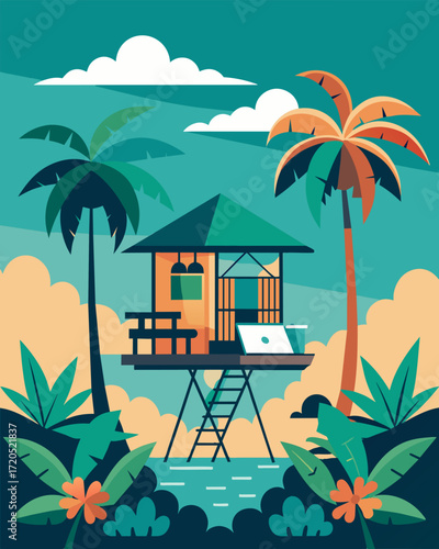 A tranquil treehouse retreat tucked away in a tropical paradise where a freelancer finds peace and productivity.. Vector illustration