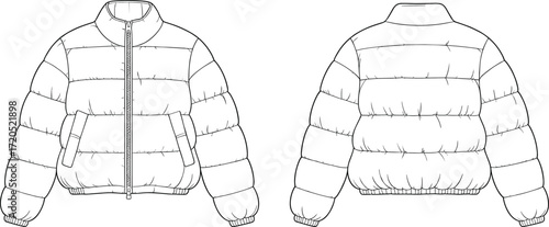 Vector flat fashion sketch of puffer jacket with zipper front, quilted padding, long sleeves, casual outerwear clothing design technical template illustration