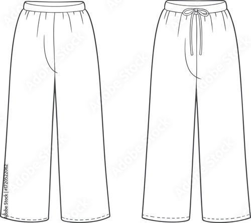 Vector flat sketch of unisex wide leg pants with elastic waistband and drawstring, fashion clothing template, apparel technical illustration