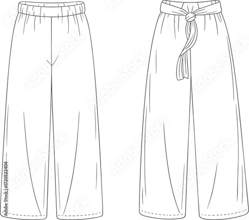 Vector flat sketch of unisex wide leg pants with elastic waistband and drawstring, fashion clothing template, apparel technical illustration