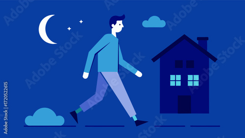 A man with a sleep disorder sleepwalks during the night completely unaware and aimlessly wandering around his house.. Vector illustration