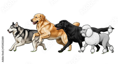 Animated Running Dogs Group Colorful Cartoon Style on Transparent Background