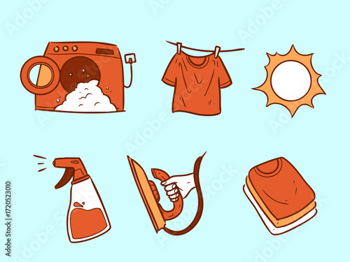 Clean and simple illustration of laundry care essentialsshowing washing, drying, ironing, and folding in a playful cartoon style.