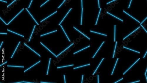 A futuristic shader animation of glowing neon blue lines moving with random bouncing motion and individual rotation.