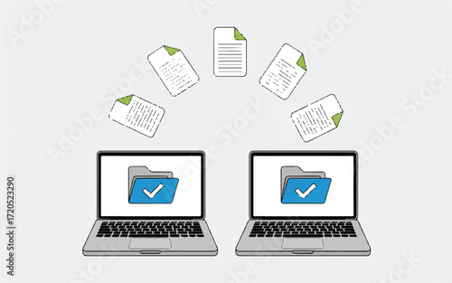 Data transfer between two laptops with documents flying in an arc computer file