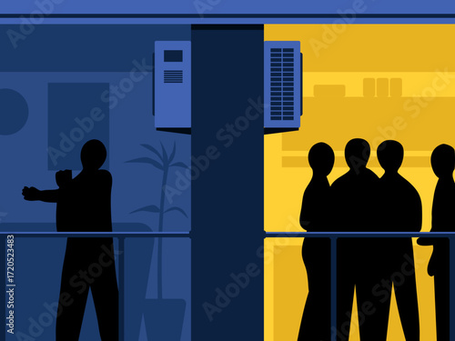 Two contrasting balcony scenes show solitude and togetherness, using color and composition to highlight emotional distance and social connection.