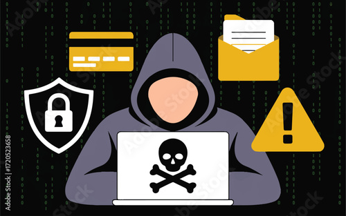 Hacker with Laptop Displaying Skull and Crossbones Surrounded by Cyber Security Icons cybercrime cybersecurity