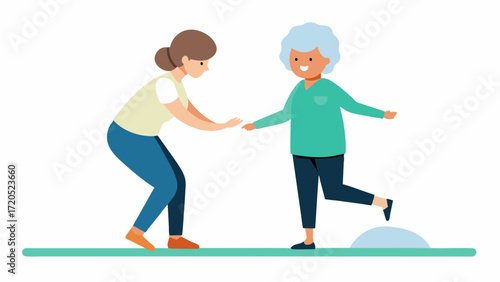 A healthcare professional stands behind an older woman who is walking along a line on the floor placing one foot in front of the other. This is part of a motor skills test commonly. Vector