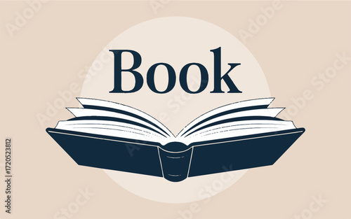 Open book with the word Book above it on a light beige background reading literature