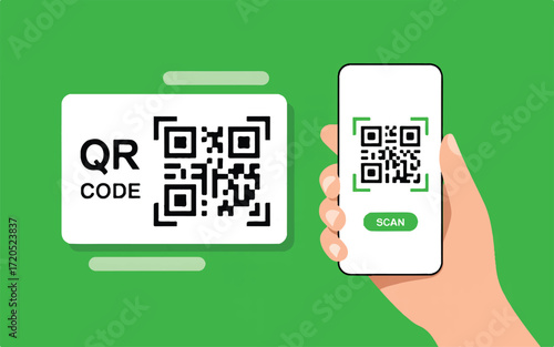 QR Code Scanning with Smartphone on Green Background qr code mobile phone