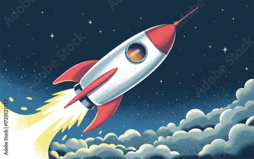 Retro Rocket Launching into a Starry Night Sky with Clouds spaceship space