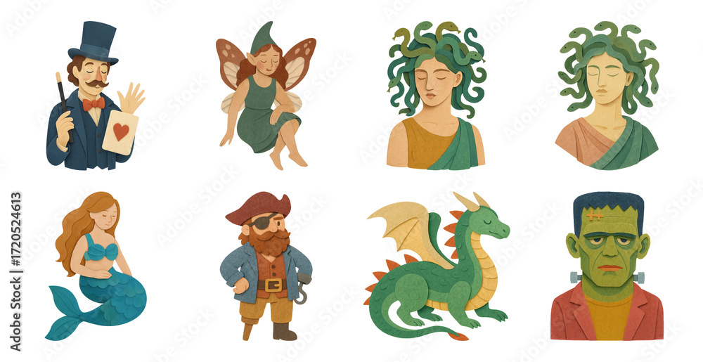 Fototapeta premium PNG Whimsical fantasy character collection, element set on transparent background
