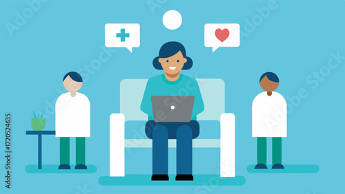 A person participating in a virtual support group while in a hospital waiting room representing the accessibility of virtual caregiver support for busy and onthego caregivers.. Vector illustration
