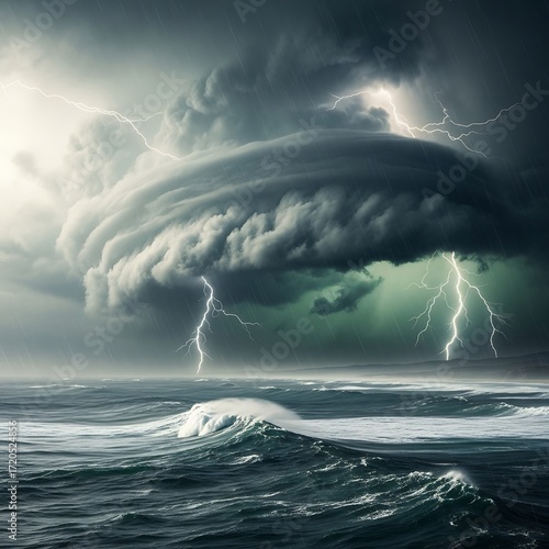 Dramatic storm clouds gather over a wild sea, with powerful lightning bolts illuminating the dark sky and waves crashing against the shore.