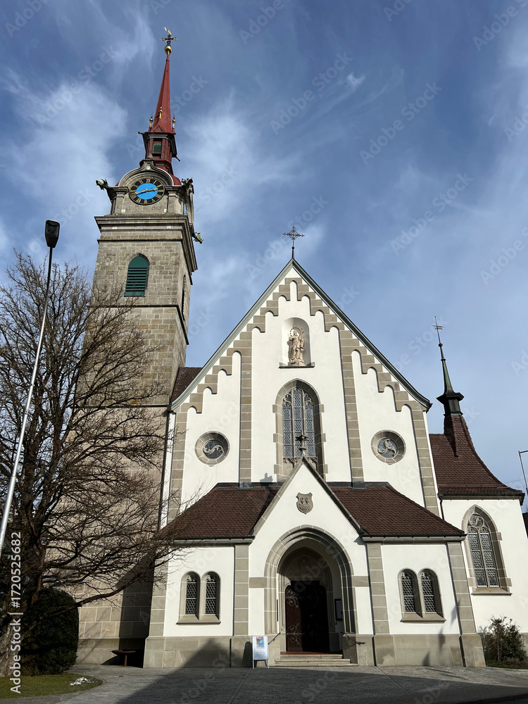 Naklejka premium Catholic Church of St. Peter and Paul, Oberägeri - Canton of Zug, Switzerland (Katholische Kirche St. Peter und Paul, Oberägeri - Kanton Zug, Schweiz)