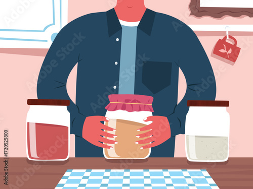 Flat illustration of a person replacing a broken or missing jar lid with a cloth cover as a DIY household fix.