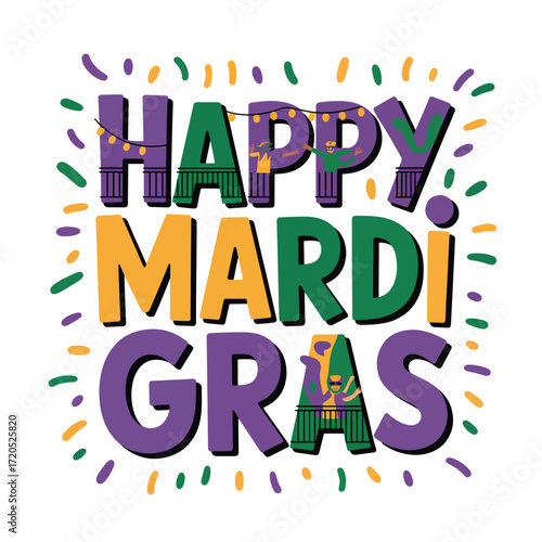 Happy Mardi Gras text with festive figures and confetti