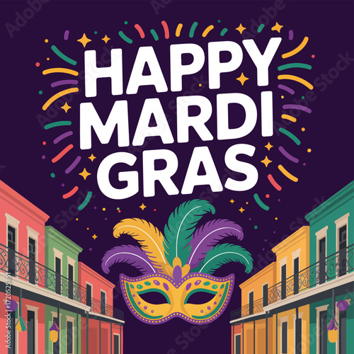 Happy Mardi Gras text with mask and colorful buildings
