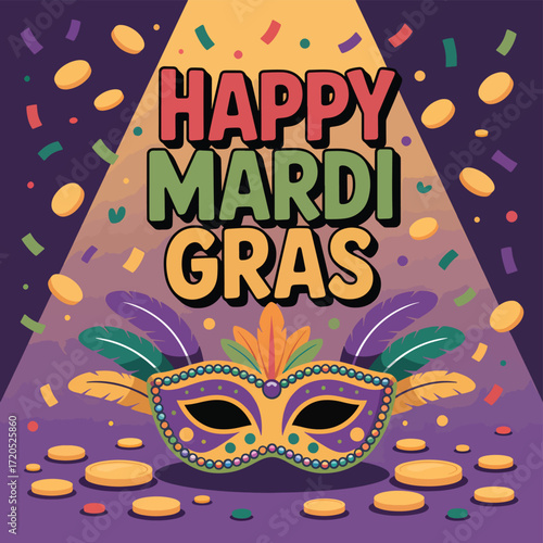 Happy Mardi Gras text with mask and confetti celebration