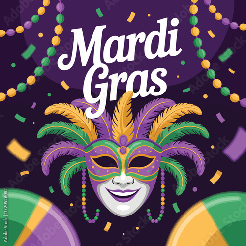 Mardi Gras mask with purple green gold beads and confetti
