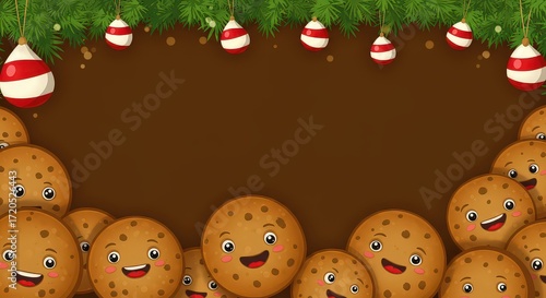 Festive cookies with faces and Christmas ornaments border.