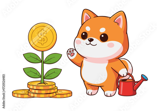 Adorable Shiba Inu Cultivating a Money Tree A Cute Illustration