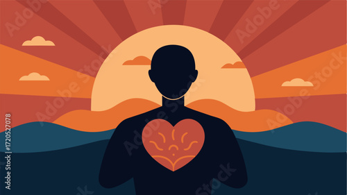 A silhouette of a person with their hand over their heart looking towards a sunset and the words love your brain emphasizing the role of selflove and selfcare in maintaining brain. Vector illustration