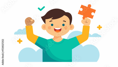 A child with a developmental disorder smiling and completing a task with ease after participating in a cognitive training program designed to improve cognitive functioning.. Vector illustration