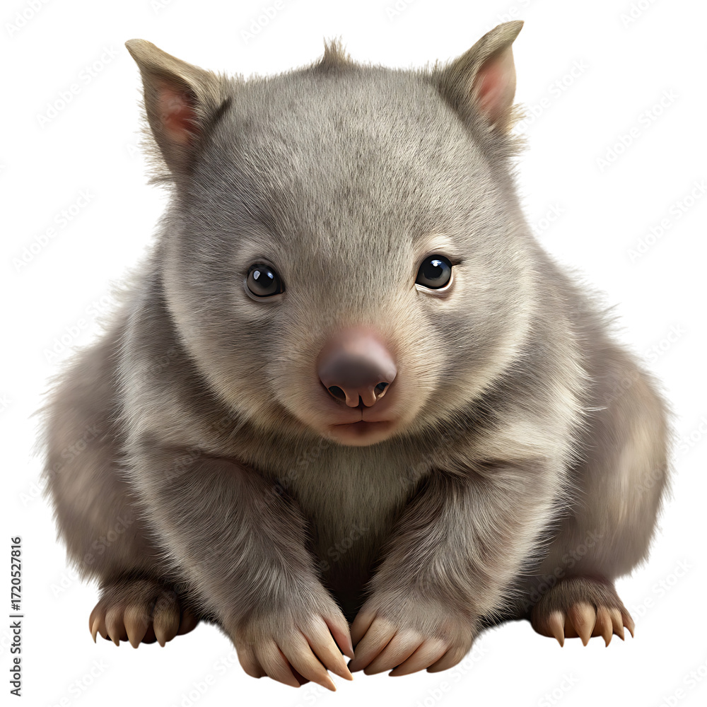 Fototapeta premium Baby wombat with soft gray brown fur and stout body cutout png isolated on a transparent background baby animal