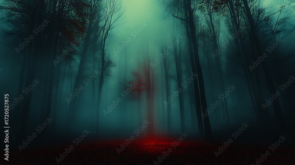 Naklejka premium Foggy, haunted forest, eerie glow