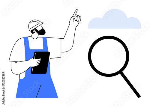Construction worker with clipboard pointing upward, magnifying glass and cloud above. Ideal for innovation, inspection, analysis, construction planning, vision, research, digital transformation