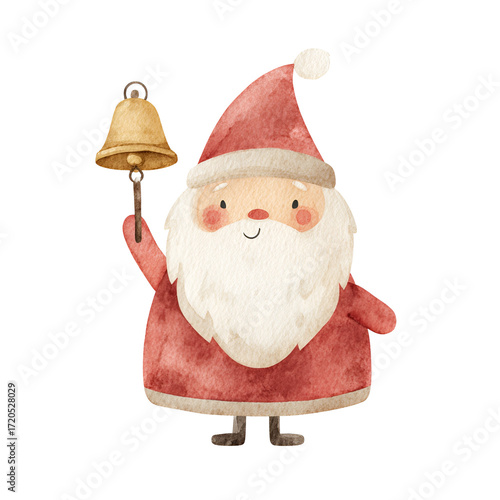 Santa watercolor ringing bell festive nursery art