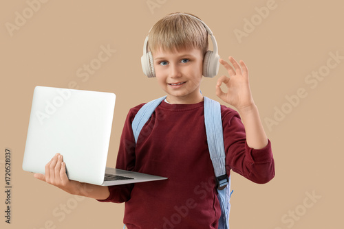 Little schoolboy in headpho...