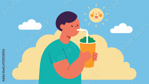 A person enjoying a refreshing smoothie on a sunny day with a caption that reads Nourish your brain one sip at a time. This illustration depicts the idea of making small changes. Vector illustration
