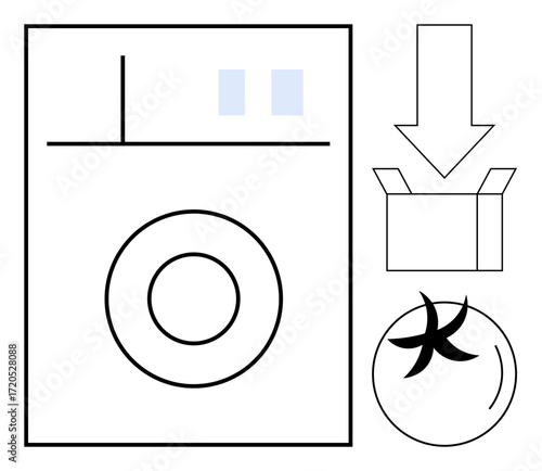 Washing machine illustration with water flow, packaging box, and spinning drum. Ideal for home appliance, cleaning, laundry, logistics, process product design or packaging themes. Simple flat