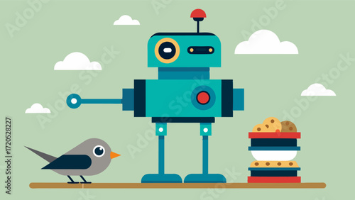 A robotic feeder with a builtin camera system that monitors the birds behavior and adjusts feeding schedules accordingly.. Vector illustration
