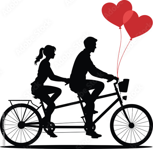Romantic couple riding a tandem bicycle with heart shaped balloons in silhouette
