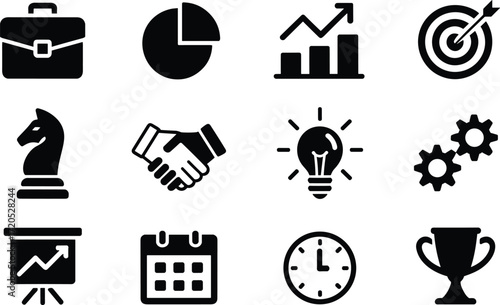 business, management, strategy, success, target, teamwork, idea, planning, growth, chart, trophy, calendar, clock, gear, icon